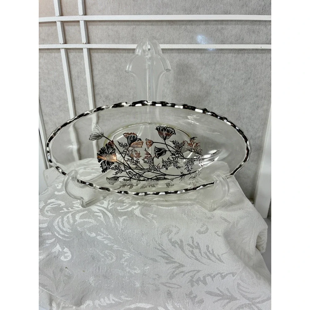 VTG Silver City Glass Flanders Poppy Silver Overlay Relish Scalloped